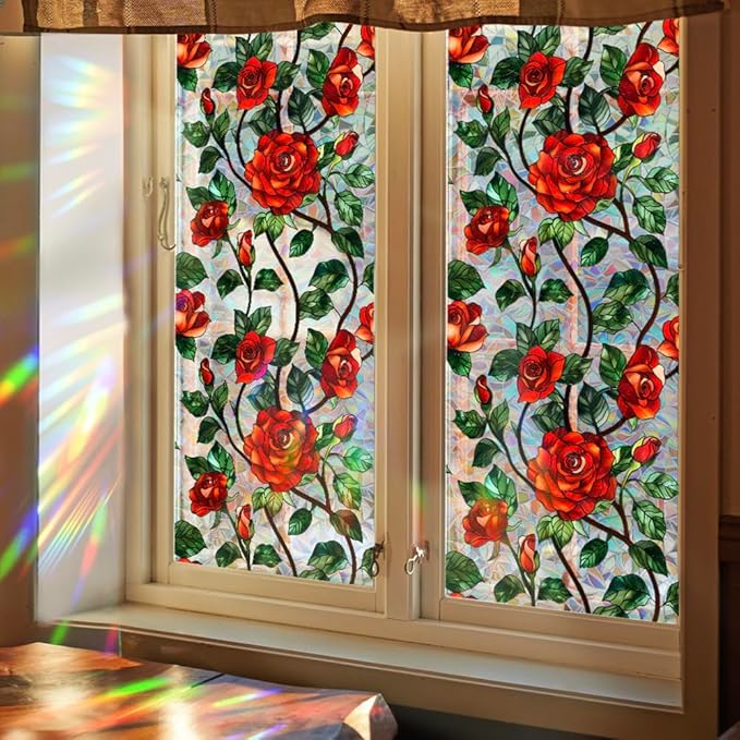 Retro Flower Window Privacy Film,Stained Glass Decals Chinese Red Rose Privacy Rainbow Decals Living Room Sun Blocking Decor Removable Static Cling Stickers,16.93x39.37inch