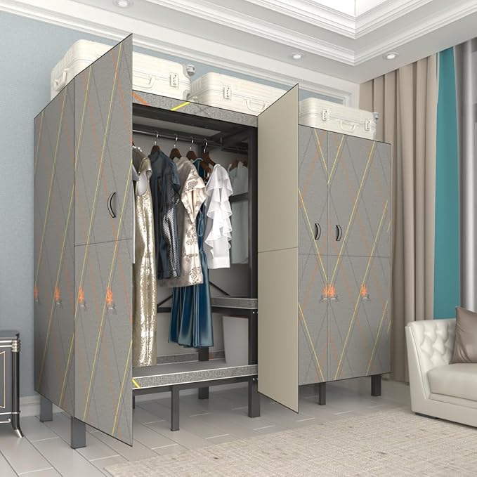 Foldable Portable Wardrobe Closet with Magnetic Doors & Cover, Heavy Duty Covered Clothes Rack with Hanging Clothing Rod, Met