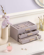 Lolalet Jewelry Box Organizer, 3-Layer Jewelry Organizers and Storage Case with Glass Lid, Ring Earring Bracelet Necklace Hol