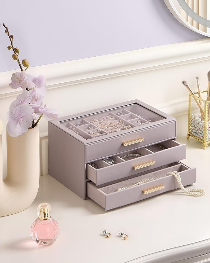 Lolalet Jewelry Box Organizer, 3-Layer Jewelry Organizers and Storage Case with Glass Lid, Ring Earring Bracelet Necklace Hol