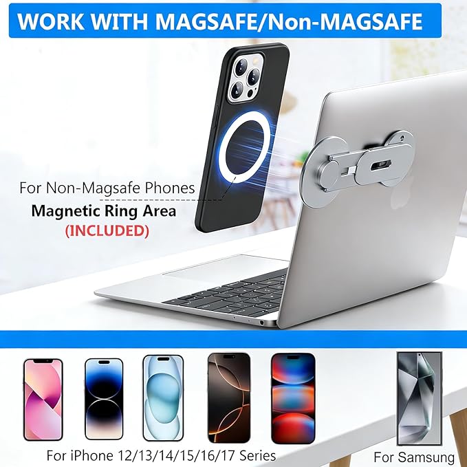 Magnetic Phone Holder for Laptop, MagSafe Laptop Phone Mount for iPhone 17/16/15/14/13/12 & All Phones, 180°Adjustable Magnetic Phone Holder for Tesla Monitor (Gray)