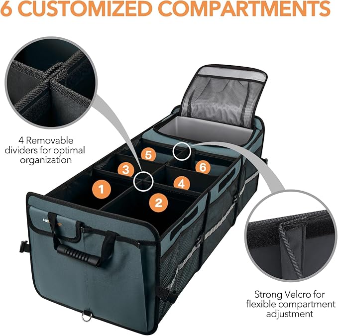 HEYTRIP Large Trunk Organizer With Built-in Leakproof Cooler Bag, 2 Tie-Down Straps, 4 Removable Dividers, Foldable Cover, Buil