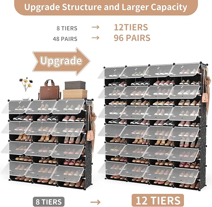ROJASOP Shoe Storage Cabinet, 12-Tier Shoe Organizer 96 Pairs Extra Large Plastic Shoe Rack with Covers Portable Shoe Rack Or