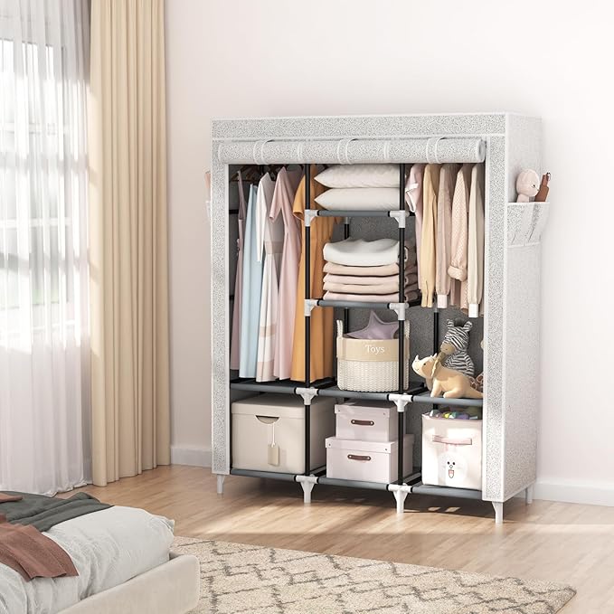 VTRIN Portable Closet Wardrobe for Hanging Clothes with 2 Hanging Rods and 8 Storage Organizer Shelves,Free Standing Clothes 