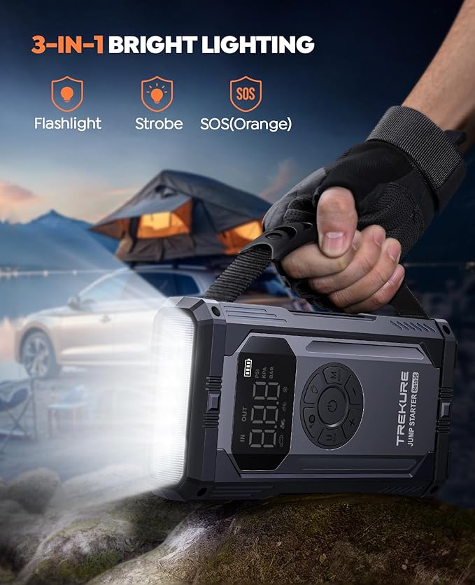 TREKURE 8-in-1 Jump Starter with Air Compressor 6000A 150PSI Portable Car Battery Jump Starter (All Gas/10L Diesel), 12V