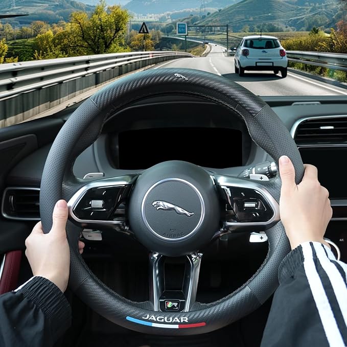 Carbon Fiber Leather Steering Wheel Cover Compatible with Jaguar F-PACE E-PACE XF XE XJ F-Type I-PACE, 14.5"-15" Universal Non-Slip Breathable PU Leather Jaguar Interior Accessories