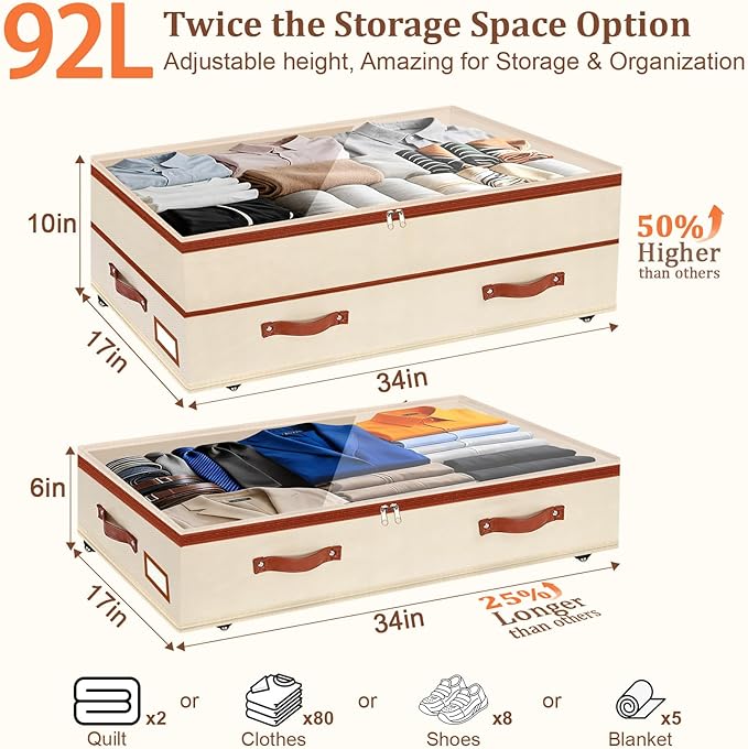 Dolicer 4 Pack Under Bed Storage with Wheels (Beige & Green), 4 Pack 92L XXXL 6in-10in Height Adjustable Underbed Storage Con