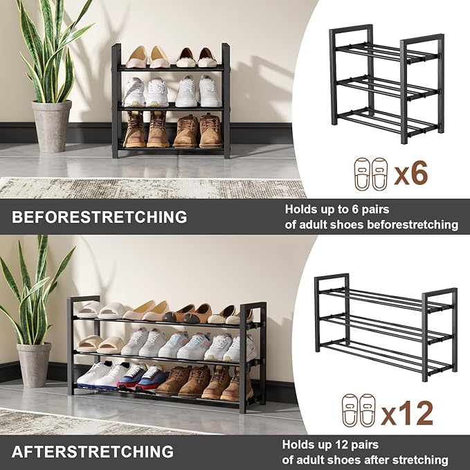 3-Tier Expandable Shoe Rack, Adjustable Shoe Shelf Storage Organizer Heavy Duty Metal Free Standing Shoe Rack for Entryway Cl