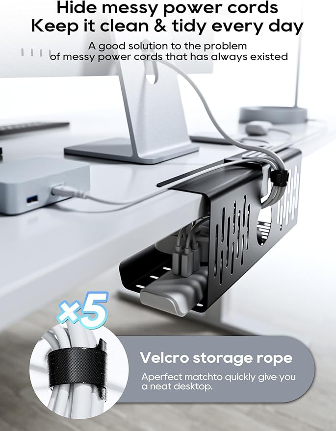 NODOCA No Drill Under Desk Cable Management Tray, 14'' Wire Management, Punch-Free Clamp on, Metal Cable Tray, Wire Organizer