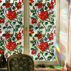 Retro Flower Window Privacy Film,Stained Glass Decals Chinese Red Rose Privacy Rainbow Decals Living Room Sun Blocking Decor Removable Static Cling Stickers,16.93x39.37inch