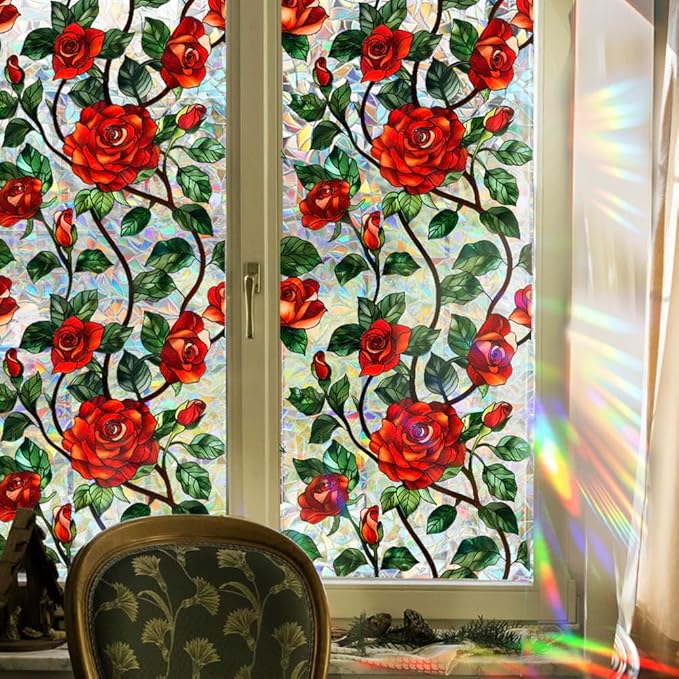 Retro Flower Window Privacy Film,Stained Glass Decals Chinese Red Rose Privacy Rainbow Decals Living Room Sun Blocking Decor Removable Static Cling Stickers,16.93x39.37inch