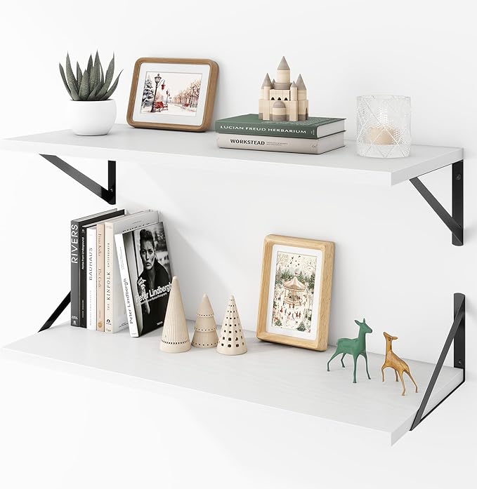 Deep Floating Shelves Wall Mounted, 30"x12" White Wall Shelves with Brackets Set of 2 for Bedroom, Living Room, Bathroom, Kit