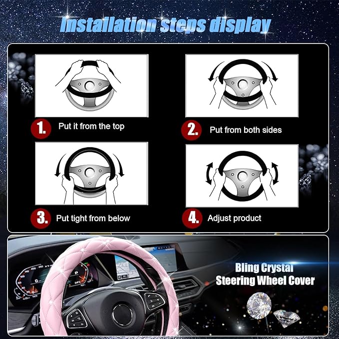 SuperKaKa Pink Steering Wheel Cover 2026, Auto Cute Diamond Bling Comfort Leather Girly Car Interior Accessories Protector Sp