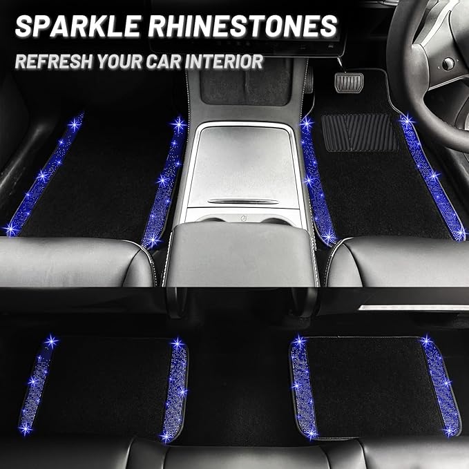 NBTEPEM Bling Car Floor Mats Full Set and Steering Wheel Cover, Universal Fit Most Cars, 4 pcs Sparkle Glitter Diamond Carpet, 5 pcs Bling Car Accessories Set for Women (Blue Diamond)