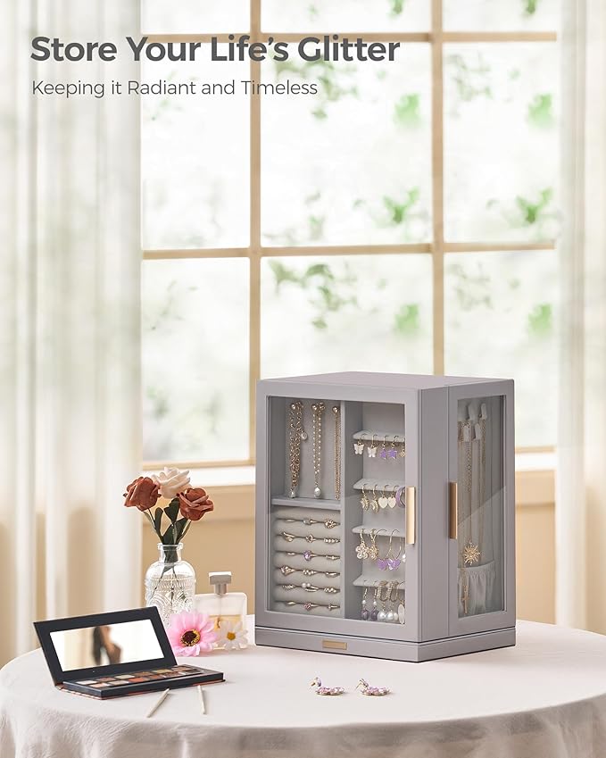 Glimmloop 360° Rotating Jewelry Box with 5 Drawers, Spacious Vertical Jewelry Organizer with Glass Window, Jewelry Storage Ca