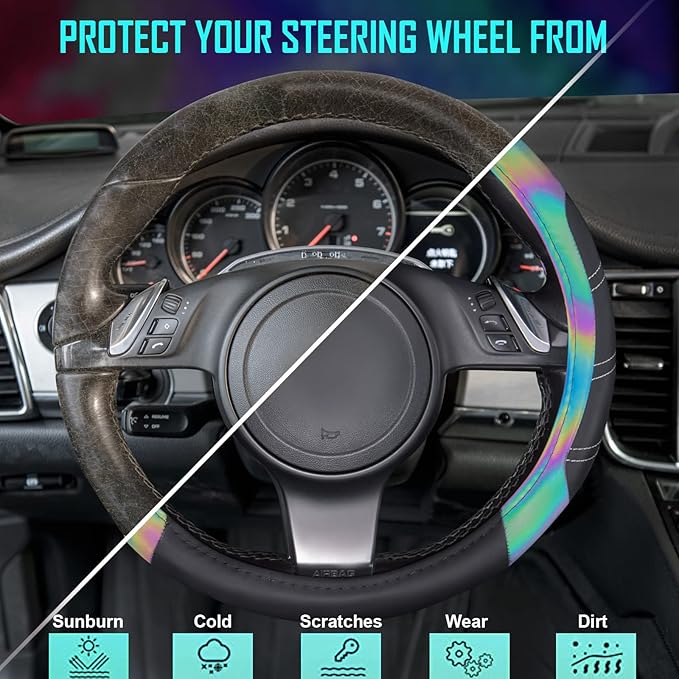 CAR PASS Line Rider Microfiber Leather Sporty 14.5-15 inch Steering Wheel Cover Universal Fits for 95% Truck,SUV,Cars, Anti-S