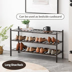 Long Shoe Rack, 3-Tier Bamboo Stackable Shoe Shelf Storage Organizer, Shoe Stand for Closet, Entryway and Hallway