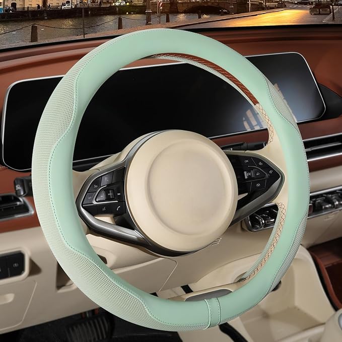 14 inch Steering Wheel Cover for Prius Civic, Nappa Microfiber Leather Non-Slip Breathable Fabric, Warm in Winter and Cool in