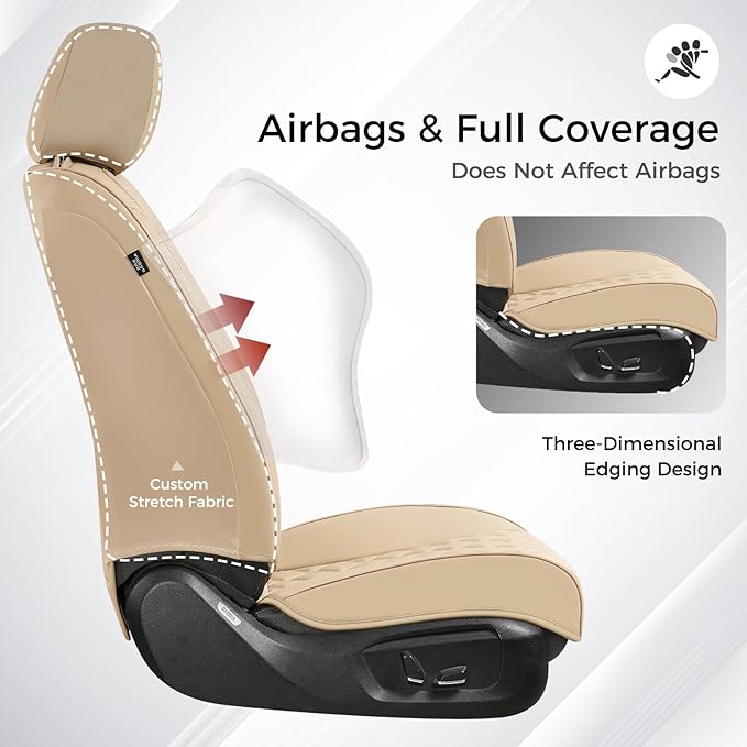 Huidasource Beige Front Seat Covers, Leather Car Seat Covers Front Seats, Driver Seat Cover Waterproof, Airbag Compatible, Un