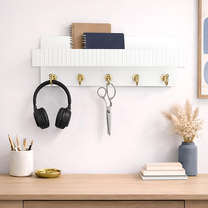 Key Holder Wall Mount, 14" Wooden Entryway Key and Mail Organizer with 5 Metal Hooks, Decorative Key Hanger Rack for Hallway 