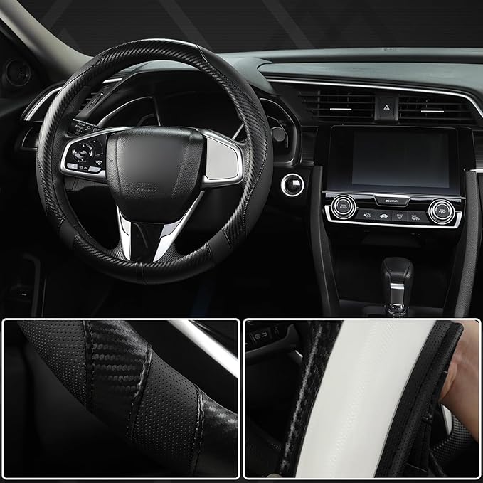 West Llama Carbon Fiber Car Steering Wheel Cover for Honda,Anti-Slip, Full Surround Breathable Leather Auto Protector(Black o