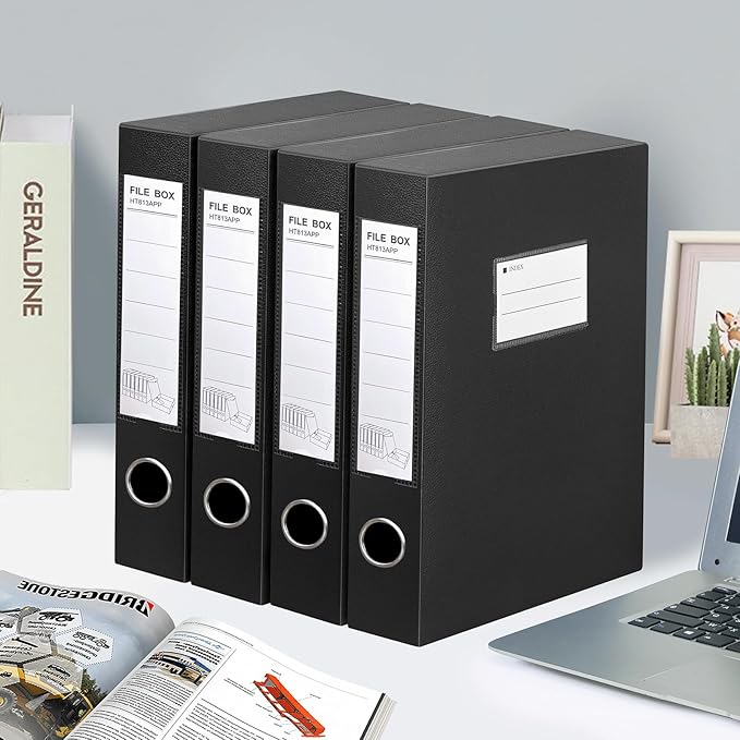 HUA JIE 2 Pack A4 Storage File Boxes Archives Case,65mm Spine,Box File Document Storage Box with Metal Clip for Office School