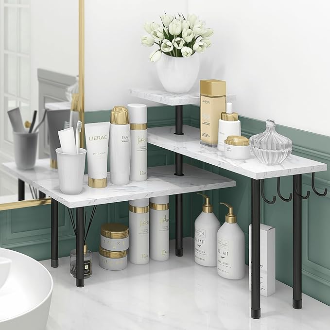 Homode Bathroom Counter Corner Shelf, 3 Tier Kitchen Countertop Organizer for Over The Sink, Make Up, Dresser Table, White Ma