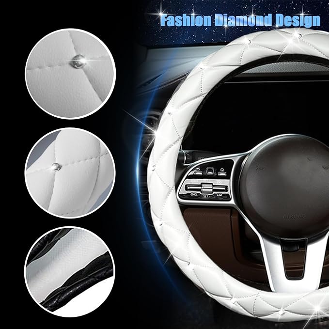 SuperKaKa Steering Wheel Cover, Auto Cute PU Diamond Bling Breathable Soft Comfort Leather Car Interior Accessories Sparkly F