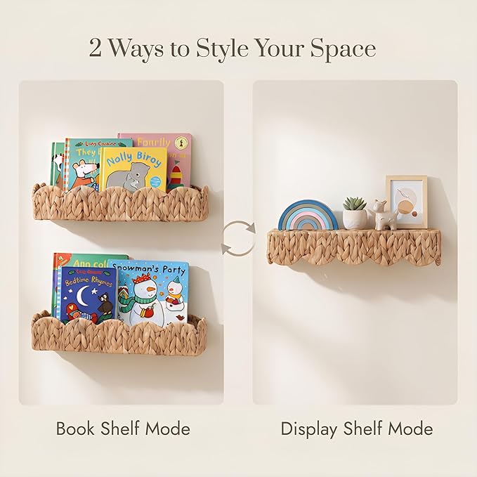 2 Pack Nursery Book Shelves, Scalloped Water Hyacinth Book Shelf for Kids Rooms, Handwoven Floating Book Shelves for Wall, 15