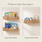 2 Pack Nursery Book Shelves, Scalloped Water Hyacinth Book Shelf for Kids Rooms, Handwoven Floating Book Shelves for Wall, 15