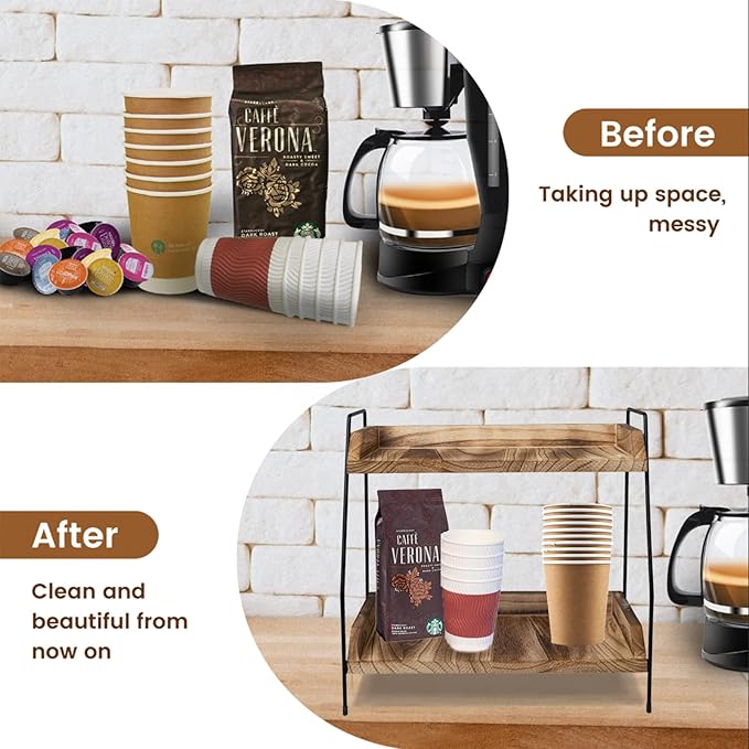 QUALLON Coffee Bar Accessories and Organizer, Coffee Station Organizer 2 Tier Bathroom Counter Organizer, Wood Coffee Tray, B