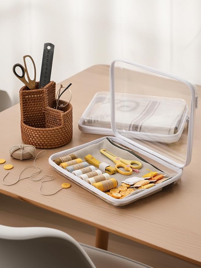 CoiiJoii Zippered Pouch Hard, Clear Zippered Hard Pouch, Stackable Storage Bins, Portable Clear Bin Zipper (White, Large-6pcs