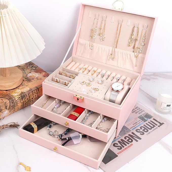 3 Layer Jewelry Box for girls, Lockable Jewelry Organizer for Necklace Earring Ring Bracelet Watch, PU Leather Storage, Pink