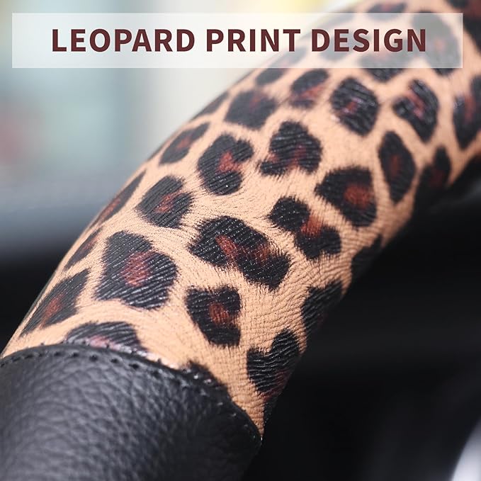 Leopard Steering Wheel Cover Leather 14.5-15 Inch, Bling Rhinestones, Anti-Slip Design, Universal Fit for Cars, SUVs, Cute De