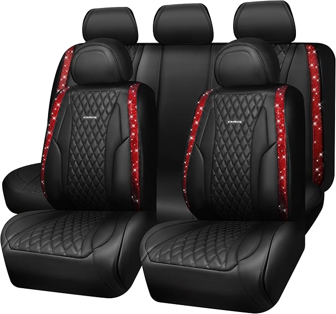CAR PASS Nappa Leather Bling Diamond Black Red Seat Covers Full Set, Waterproof Calfskin Heavy-Duty Anti-Slip, Universal Fit 