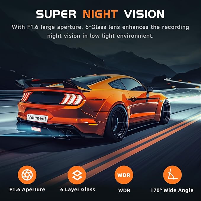 Dash Cam, 2.5K Dash Cam Front, VEEMENT Dash Camera for Cars, 1440P Car Dash Camera with APP, WiFi Dash Cams with WDR Night Vi