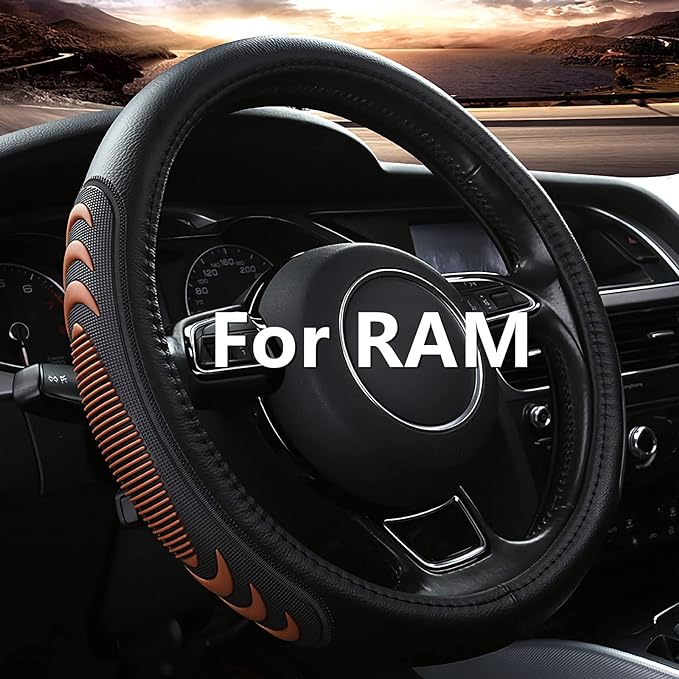 Leather Steering Wheel Cover for Dodge Ram 1500 2500 3500, 15.5-16 Inches Car Steering Wheel Cover with Anti-Slip Massage Par
