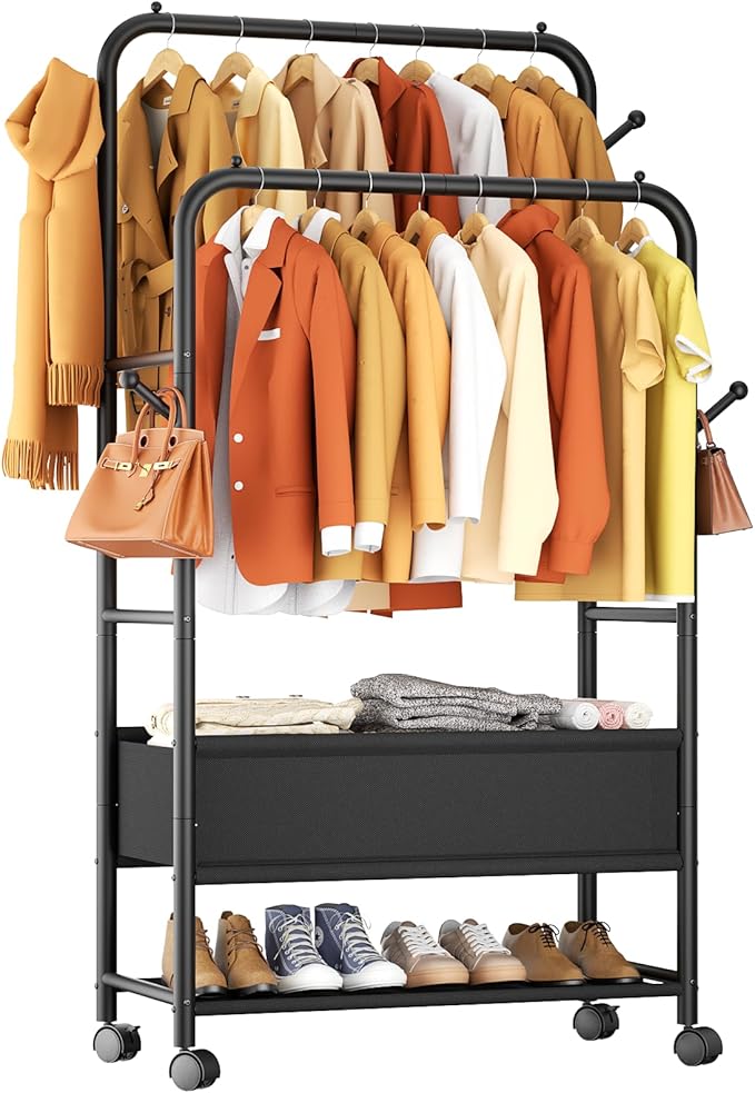 Furologee Clothing Racks for Hanging Clothes, Portable Rolling Garment Rack, Sturdy Metal Freestanding Clothes Rack with Whee