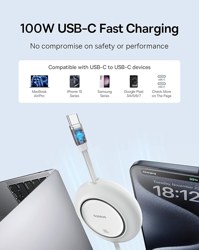 Baseus USB C to USB C Cable, 100W 6.6ft Retractable USB C Fast Charging Cable, 7-Stage Length Preset Retractable Charger Cord