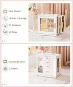 Homde Jewelry Box 360° Rotating, Necklace Earring Organizer with Transparent Window, Mirror, 7 Drawers, Large Ring Display St