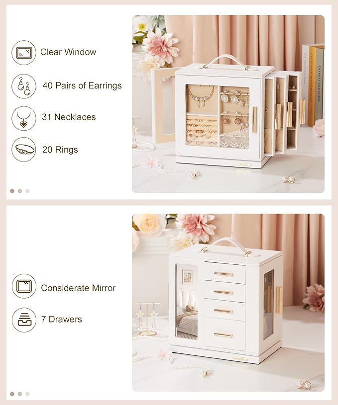 Homde Jewelry Box 360° Rotating, Necklace Earring Organizer with Transparent Window, Mirror, 7 Drawers, Large Ring Display St