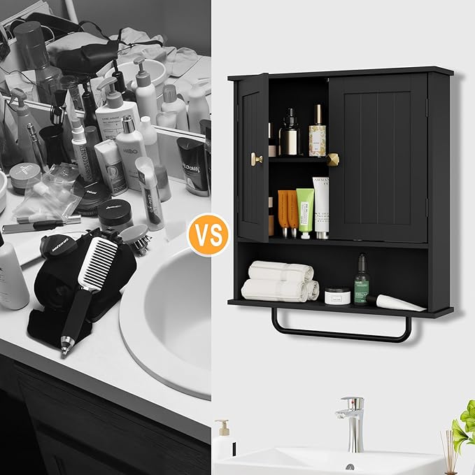 RRX Bathroom Cabinet Wall Mounted Medicine Cabinets with Towels Bar, Over The Toilet Storage Cabinet with 2 Doors and Adjusta