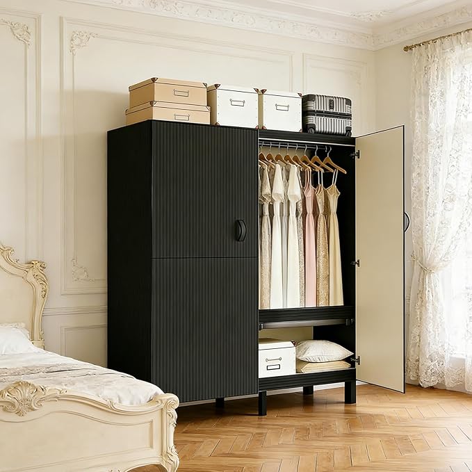 Freestanding Heavy Duty Wardrobe Closet with Magnetic Door, Portable Metal Closets, Foldable Wardrobecloset Organizers and St