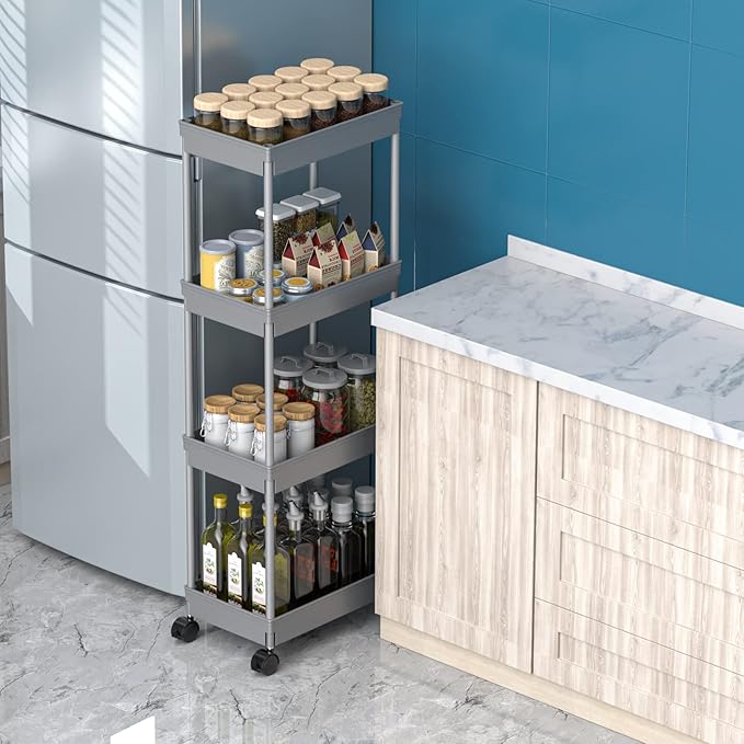 Sooyee 4 Tier Wide Storage Cart Mobile Shelving Unit Organizer Slide Out Storage Rolling Utility Cart Tower Rack for Kitchen 