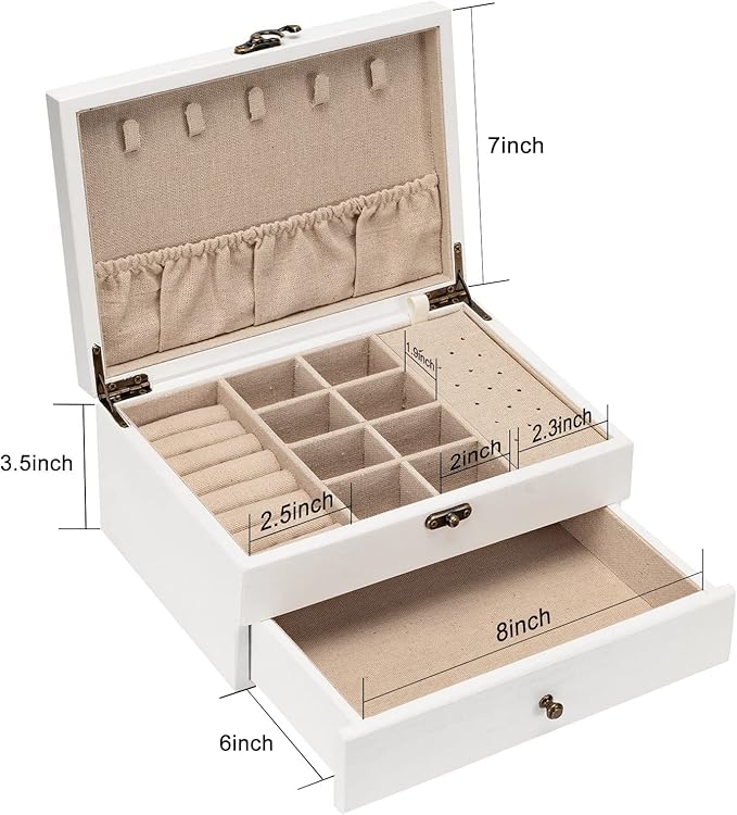 Pinzoveco Jewelry Box for Women, Rustic Wooden Jewelry Organizer Box for Storage Earrings Rings Necklace Bracelet, Farmhouse 
