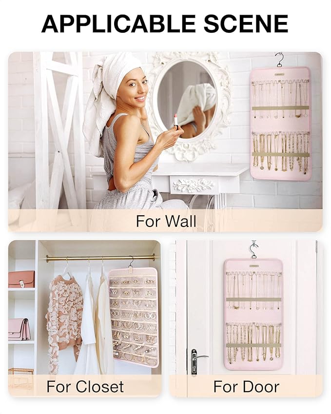 BAGSMART Hanging Jewelry Organizer Storage Roll with Hanger Metal Hooks Double-Sided Jewelry Holder for Earrings, Necklaces, 