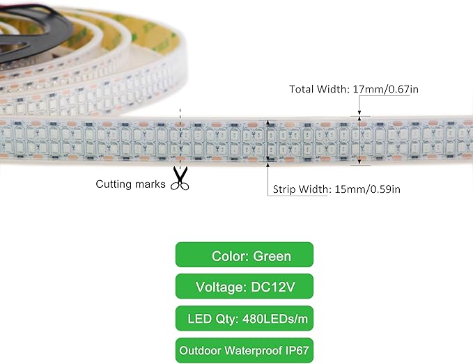 Outdoor Green 12V LED Strip Lights 16.4ft, Double Row Super Bright 2400 LEDs Waterproof IP67, Dimmable Flexible Tape Lights for Outdoor, Truck, RV, and Boat Lighting