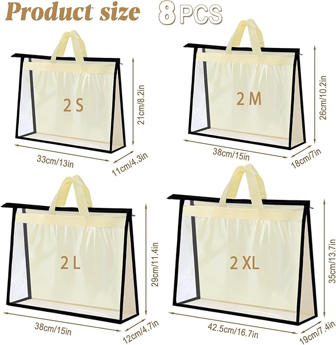 8 Pack Dust Bags for Handbags, Purse Storage Organizer for Closet, Clear Handbag Storage Organizer, Hanging Dust Cover Bag wi