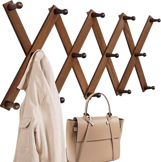 Homode Accordion Wall Hanger, Hat Rack for Wall, Wood Expandable Coat Rack, Vintage Accordian Peg Hooks Purse Organizer for H