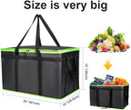 2 Pack XXXL-Large Insulated Grocery Shopping Bags, Green, Reusable Bag,Thermal Zipper,Collapsible,Tote,Cooler,Food Transport hot and Cold,for instacart,Camping,Recycled Material delivery Groceries,